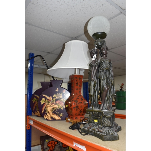 351 - A GROUP OF LAMPS AND ORNAMENTS to include a pair of red 'dragon patterned' table lamps fitted with d... 