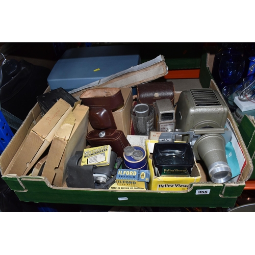 355 - A BOX OF VINTAGE CAMERA AND VISUAL EQUIPMENT to include a boxed Halina viewer, an Aldis 100/150 slid... 