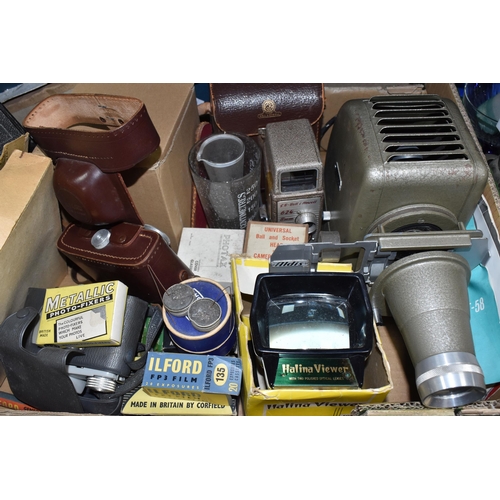 355 - A BOX OF VINTAGE CAMERA AND VISUAL EQUIPMENT to include a boxed Halina viewer, an Aldis 100/150 slid... 