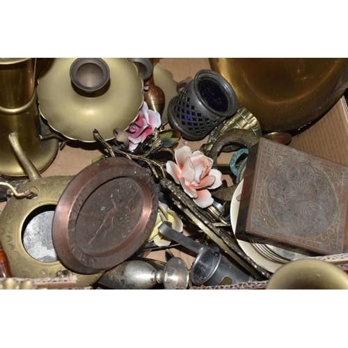 356 - TWO BOXES AND LOOSE ASSORTED METALWARES to include a copper pedestal bowl, a group of Spanish plated... 