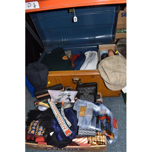 357 - A CHEST AND TRAY OF VINTAGE CLOTHES AND ACCESSORIES to include a large quantity of ties from high st... 