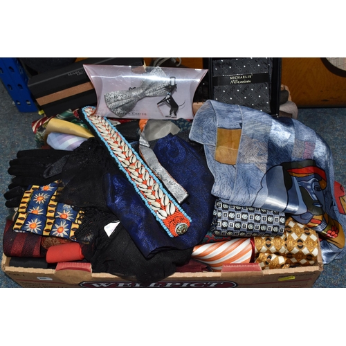 357 - A CHEST AND TRAY OF VINTAGE CLOTHES AND ACCESSORIES to include a large quantity of ties from high st... 