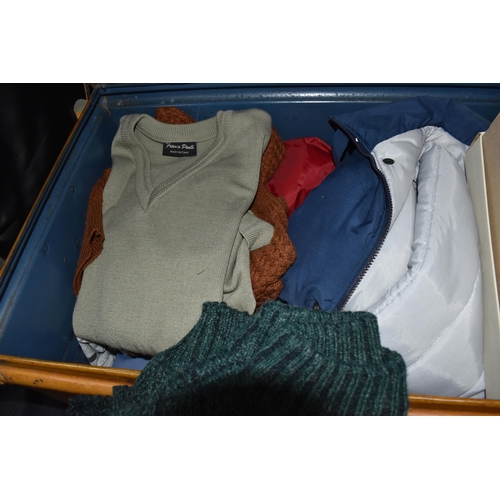 357 - A CHEST AND TRAY OF VINTAGE CLOTHES AND ACCESSORIES to include a large quantity of ties from high st... 