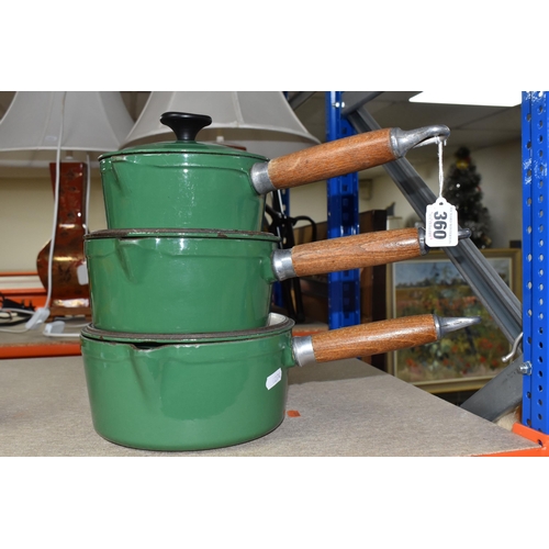 360 - THREE CHASSEUR 'INVICTA' CAST IRON SAUCEPANS, with lids, pouring lips, wooden handles, green enamel ... 