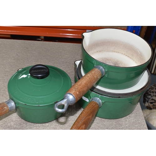 360 - THREE CHASSEUR 'INVICTA' CAST IRON SAUCEPANS, with lids, pouring lips, wooden handles, green enamel ... 