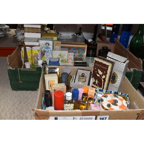 367 - TWO BOXES OF PERFUMES AND TOILETRIES, many vintage, to include perfume bottles (some with partial co... 