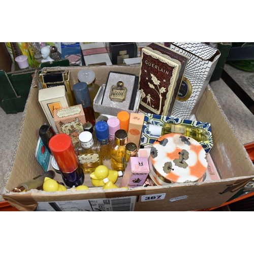 367 - TWO BOXES OF PERFUMES AND TOILETRIES, many vintage, to include perfume bottles (some with partial co... 