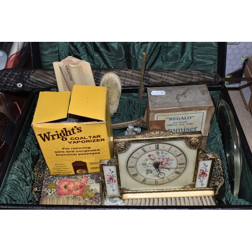 379 - TWO SUITCASES AND LOOSE SUNDRY VINTAGE ITEMS, to include a plated candlestick, a Bestfrend vintage h... 