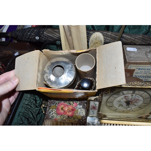 379 - TWO SUITCASES AND LOOSE SUNDRY VINTAGE ITEMS, to include a plated candlestick, a Bestfrend vintage h... 