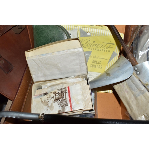 379 - TWO SUITCASES AND LOOSE SUNDRY VINTAGE ITEMS, to include a plated candlestick, a Bestfrend vintage h... 