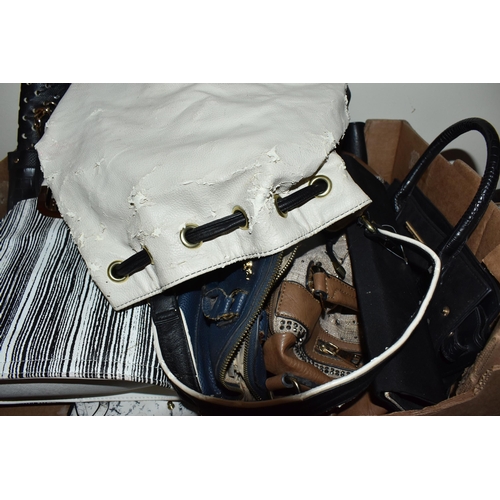 384 - SEVEN BOXES OF LADIES' HANDBAGS, to include large handbags, clutch bags, weekend bags, rucksacks and... 