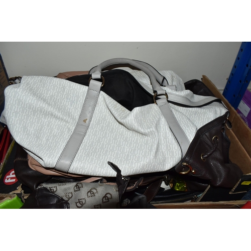 384 - SEVEN BOXES OF LADIES' HANDBAGS, to include large handbags, clutch bags, weekend bags, rucksacks and... 