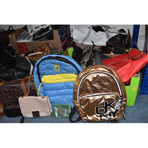 384 - SEVEN BOXES OF LADIES' HANDBAGS, to include large handbags, clutch bags, weekend bags, rucksacks and... 