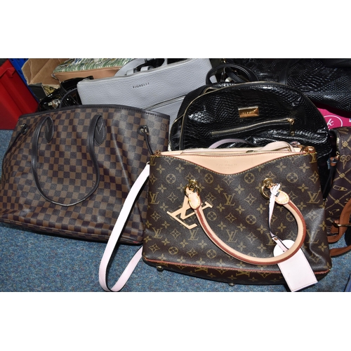 384 - SEVEN BOXES OF LADIES' HANDBAGS, to include large handbags, clutch bags, weekend bags, rucksacks and... 