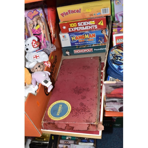 387 - THREE BOXES AND LOOSE CHILDREN'S TOYS AND MISCELLANEOUS, to include a complete set of carved wooden ... 
