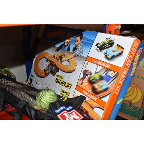 387 - THREE BOXES AND LOOSE CHILDREN'S TOYS AND MISCELLANEOUS, to include a complete set of carved wooden ... 