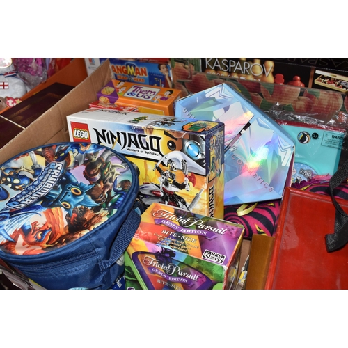 387 - THREE BOXES AND LOOSE CHILDREN'S TOYS AND MISCELLANEOUS, to include a complete set of carved wooden ... 