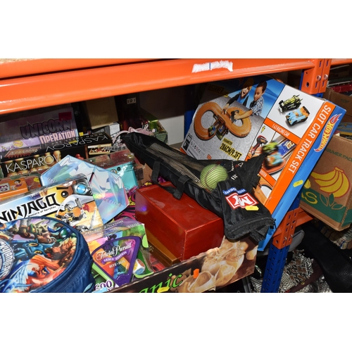 387 - THREE BOXES AND LOOSE CHILDREN'S TOYS AND MISCELLANEOUS, to include a complete set of carved wooden ... 