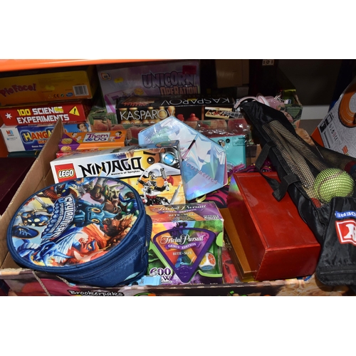 387 - THREE BOXES AND LOOSE CHILDREN'S TOYS AND MISCELLANEOUS, to include a complete set of carved wooden ... 