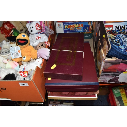 387 - THREE BOXES AND LOOSE CHILDREN'S TOYS AND MISCELLANEOUS, to include a complete set of carved wooden ... 