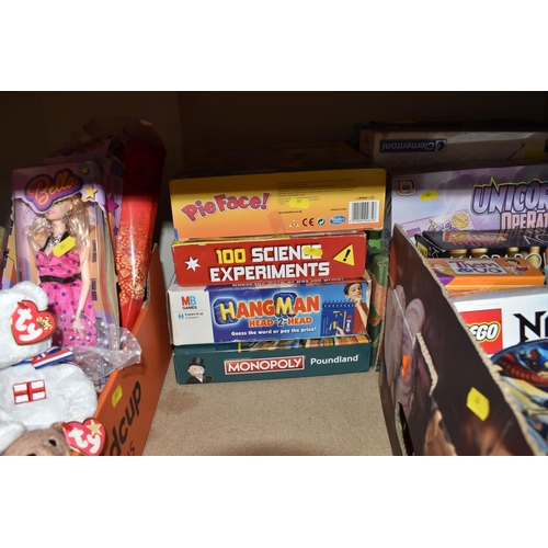 387 - THREE BOXES AND LOOSE CHILDREN'S TOYS AND MISCELLANEOUS, to include a complete set of carved wooden ... 