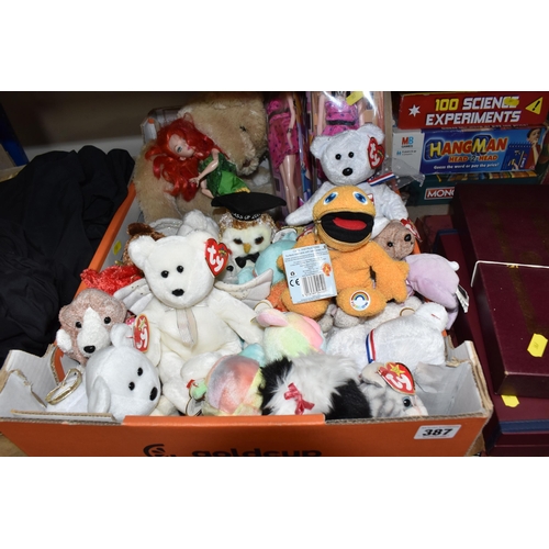 387 - THREE BOXES AND LOOSE CHILDREN'S TOYS AND MISCELLANEOUS, to include a complete set of carved wooden ... 