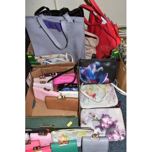 389 - FOUR BOXES OF LADIES' PURSES AND BAGS, to include Ted Baker tote bags in red, lilac and pink, Ted Ba... 