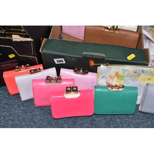 389 - FOUR BOXES OF LADIES' PURSES AND BAGS, to include Ted Baker tote bags in red, lilac and pink, Ted Ba... 