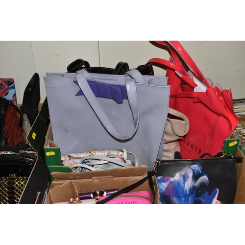 389 - FOUR BOXES OF LADIES' PURSES AND BAGS, to include Ted Baker tote bags in red, lilac and pink, Ted Ba... 