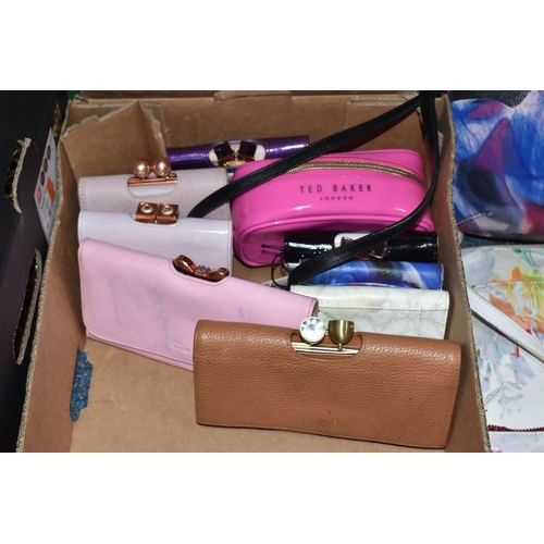 389 - FOUR BOXES OF LADIES' PURSES AND BAGS, to include Ted Baker tote bags in red, lilac and pink, Ted Ba... 