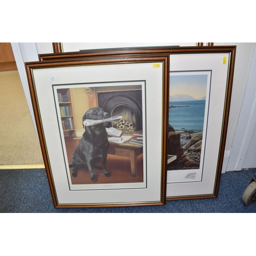 393 - FIVE SIGNED LIMITED EDITION BLACK LABRADOR PRINTS, comprising four Nigel Hemming prints 'In the driv... 