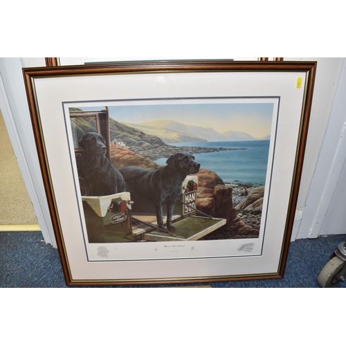 393 - FIVE SIGNED LIMITED EDITION BLACK LABRADOR PRINTS, comprising four Nigel Hemming prints 'In the driv... 