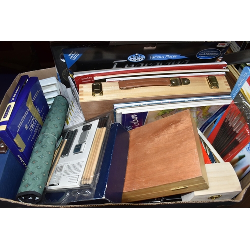 395 - ONE BOX OF ART SUPPLIES AND A LOOSE FRAMED PICTURE to include a box of oil colours, three wooden cas... 