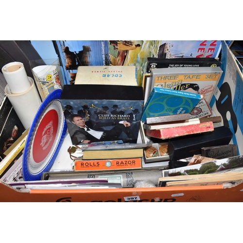 397 - ONE BOX OF MISCELLANEOUS ITEMS AND A FRAMED AUTOGRAPH to include a group of signed postcards of Meer... 