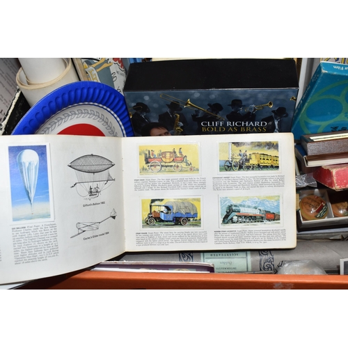 397 - ONE BOX OF MISCELLANEOUS ITEMS AND A FRAMED AUTOGRAPH to include a group of signed postcards of Meer... 