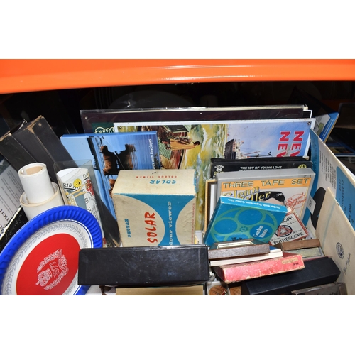 397 - ONE BOX OF MISCELLANEOUS ITEMS AND A FRAMED AUTOGRAPH to include a group of signed postcards of Meer... 