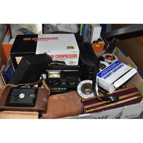 398 - SEVEN BOXES AND LOOSE MISCELLANEOUS ITEMS to include a wooden 'Mechi and Bazi Makers London' tea cad... 