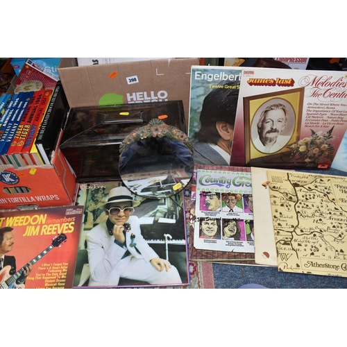 398 - SEVEN BOXES AND LOOSE MISCELLANEOUS ITEMS to include a wooden 'Mechi and Bazi Makers London' tea cad... 