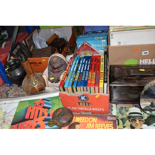 398 - SEVEN BOXES AND LOOSE MISCELLANEOUS ITEMS to include a wooden 'Mechi and Bazi Makers London' tea cad... 