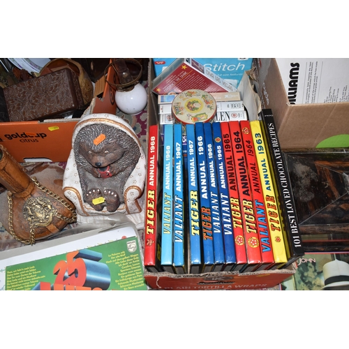398 - SEVEN BOXES AND LOOSE MISCELLANEOUS ITEMS to include a wooden 'Mechi and Bazi Makers London' tea cad... 