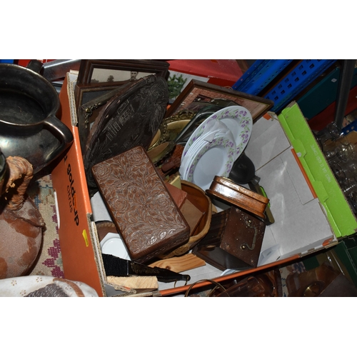 398 - SEVEN BOXES AND LOOSE MISCELLANEOUS ITEMS to include a wooden 'Mechi and Bazi Makers London' tea cad... 