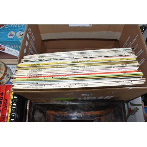 398 - SEVEN BOXES AND LOOSE MISCELLANEOUS ITEMS to include a wooden 'Mechi and Bazi Makers London' tea cad... 