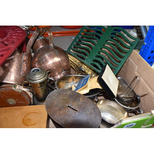 399 - A BOX OF MOSTLY ASSORTED METALWARES to include a cast iron Welch tea light trivet, a cast iron cooke... 
