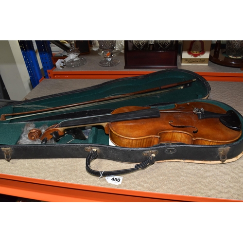 400 - A VINTAGE CASED VIOLIN, a double backed violin without a makers mark, a bow with mother of pearl inl... 