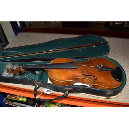 400 - A VINTAGE CASED VIOLIN, a double backed violin without a makers mark, a bow with mother of pearl inl... 