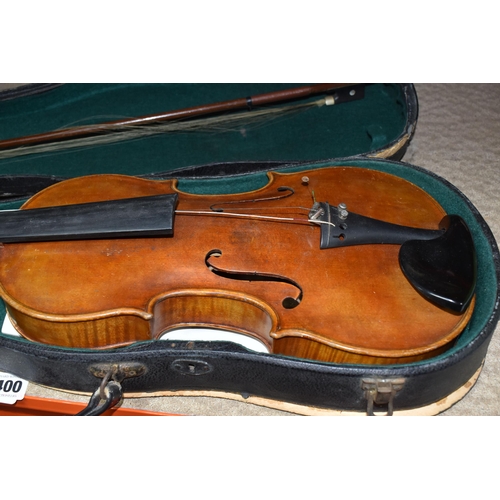 400 - A VINTAGE CASED VIOLIN, a double backed violin without a makers mark, a bow with mother of pearl inl... 