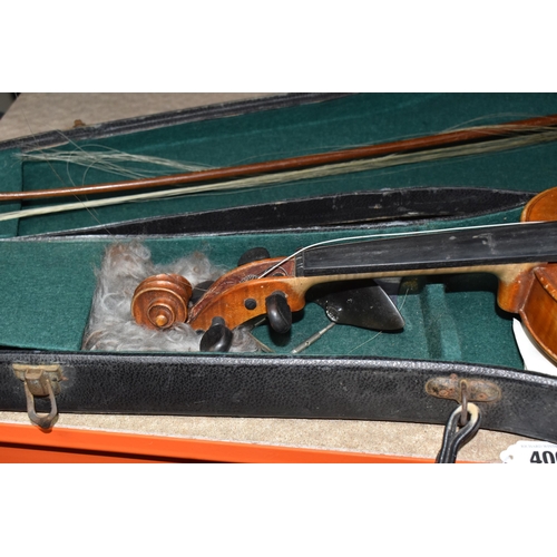 400 - A VINTAGE CASED VIOLIN, a double backed violin without a makers mark, a bow with mother of pearl inl... 