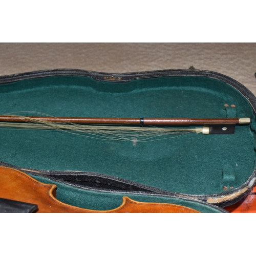 400 - A VINTAGE CASED VIOLIN, a double backed violin without a makers mark, a bow with mother of pearl inl... 