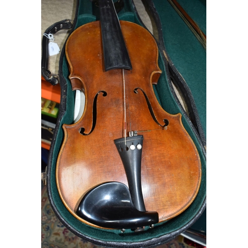 400 - A VINTAGE CASED VIOLIN, a double backed violin without a makers mark, a bow with mother of pearl inl... 