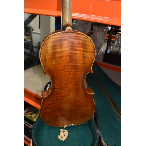 400 - A VINTAGE CASED VIOLIN, a double backed violin without a makers mark, a bow with mother of pearl inl... 